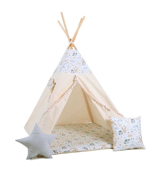 Namiot tipi dla dzieci, bawełna, okienko, poduszka, pastelowi przyjaciele Sówka Design