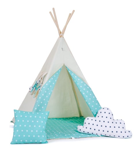 Namiot tipi dla dzieci, bawełna, okienko, poduszka, seledynowe niebo Sówka Design