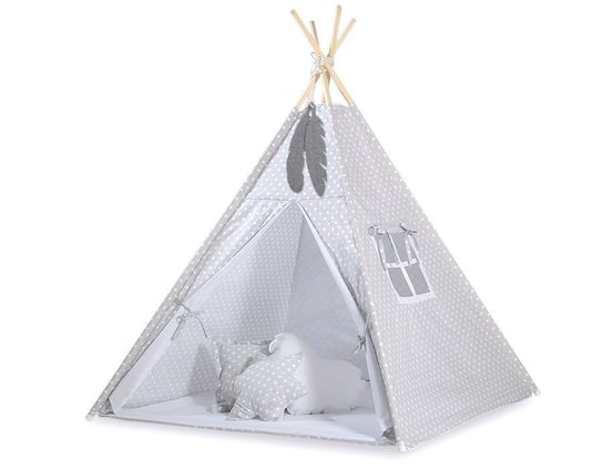 Namiot TIPI dla dzieci + mata + poduszki + zawieszki pióra - Białe grochy na szarym Bobono