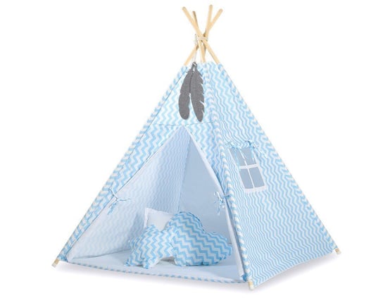 Namiot TIPI dla dzieci + mata + poduszki + zawieszki pióra - Chevron niebieski Bobono