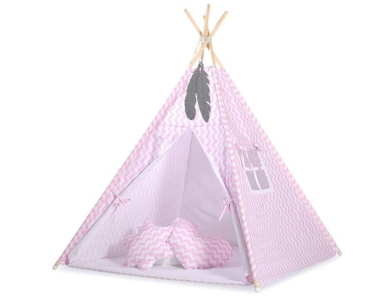 Namiot TIPI dla dzieci + mata + poduszki + zawieszki pióra - Chevron różowy Bobono