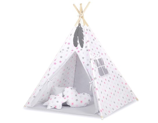 Namiot TIPI dla dzieci + mata + poduszki + zawieszki pióra - Gwiazdy różowo-szare/szary Bobono