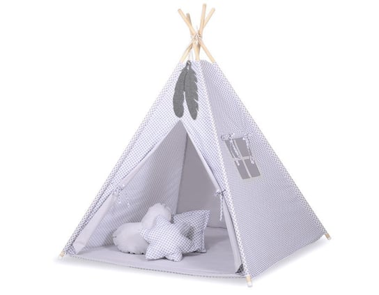 Namiot TIPI dla dzieci + mata + poduszki + zawieszki pióra - Mini-rozeta szara Bobono
