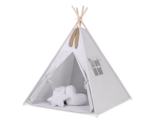 Namiot TIPI dla dzieci + mata + poduszki + zawieszki pióra - szary Bobono