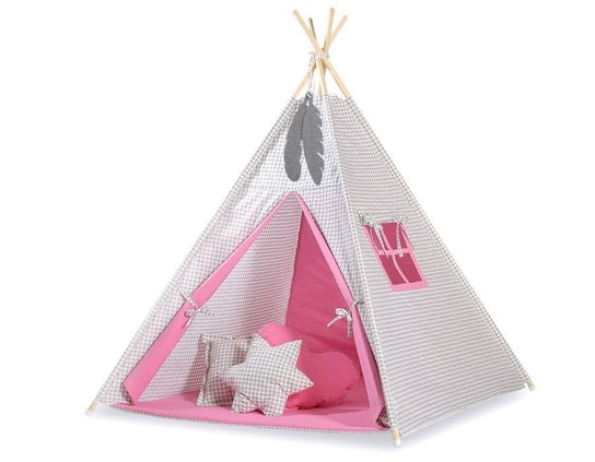 Namiot Tipi dla dzieci+ zawieszki pióra - Kratka szara- różowy Bobono