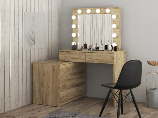 Narożna toaletka kosmetyczna z lustrem i oświetleniem Carla 12 Led z komodą dąb craft Meblowa 1