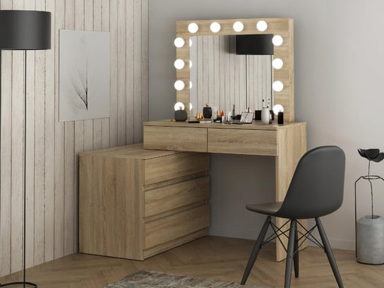 Narożna toaletka kosmetyczna z lustrem i oświetleniem Carla 12 Led z komodą dąb sonoma Meblowa 1
