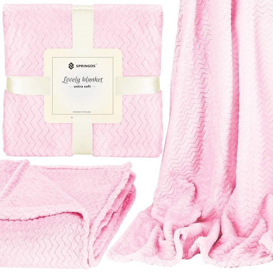 Narzuta na łóżko, koc 130x180 cm pled różowy dwustronny, tłoczony na kanapę zygzak Springos