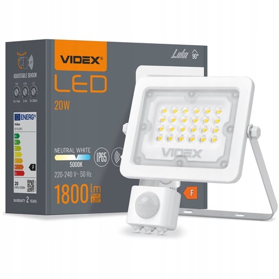 Naświetlacz LED 20W 1800lm 5000K IP65 Biały z czujnikiem ruchu i zmierzchu VIDEX LUCA NNLED