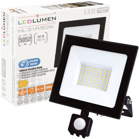 Naświetlacz LED 50W=280W 5052lm Halogen Reflektor Slim Lampa Czujnik Ruchu LEDLUMEN LEDLUMEN