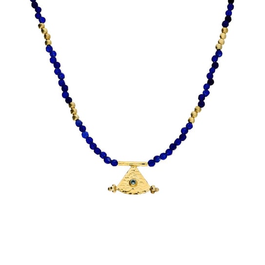 Naszyjnik srebrny pozłacany z niebieskimi agatami i trójkątem nr EM-13-2 szafir próba 925 Sezam