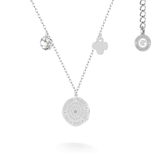 Naszyjnik szczęścia - moneta, koniczynka z kryształem, srebro 925 : Długość (cm) - 45 + 5, Srebro - kolor pokrycia - Pokrycie platyną,45 + 5 GIORRE