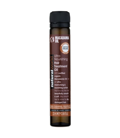 Natural World, Macadamia Oil, intensywnie odżywiająca kuracja do włosów z olejkiem macadamia, 25 ml Natural World