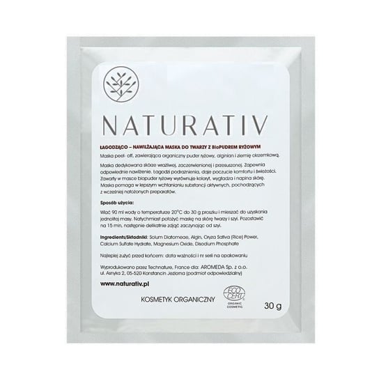 Naturativ, Face Mask, łagodząco-nawilżająca maska do twarzy z bio-pudrem ryżowym, 30 g Naturativ