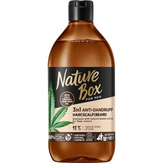 Nature Box, Hemp Oil, Przeciwłupieżowy szampon z formułą 3w1 do włosów skóry głowy i brody, 385 ml Nature Box