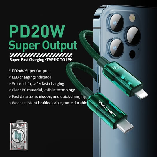 ND38_WK-WDC-181_GREEN WEKOME WDC-181 Vanguard Series - Kabel połączeniowy USB-C do Lightning Super Fast Charging PD 20W 1.2 m (Zielony) Inna marka