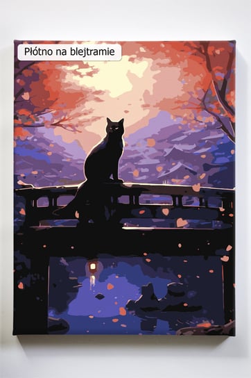 Neko, kot, koty, Japonia, Azja. noc, most, mostek, malowanie po numerach Akrylowo