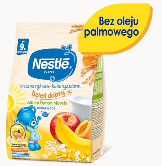 Nestle, Kaszka Dzień dobry mleczna ryżowo-kukurydziana jabłko banan morela dla niemowląt po 9 miesiącu, 230 g Nestle