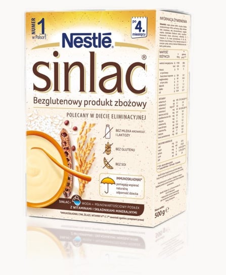 Nestle Sinlac, Bezglutenowy produkt zbożowy bez laktozy soi dla niemowląt po 4 miesiącu, 500 g Nestle