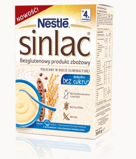 Nestle Sinlac, Bezglutenowy produkt zbożowy bez laktozy soi i cukru dla niemowląt po 4 miesiącu, 300 g Nestle Polska S.A.