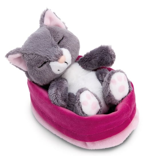 NICI 49746 Maskotka szary kot 12cm śpiący w koszyku, bordowo-różowy GREEN Nici