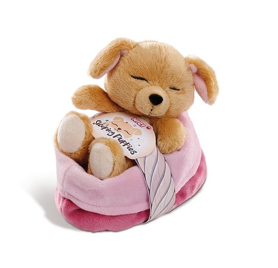 Nici, Maskotka Sleeping Puppies piesek 12 cm karmelowy w różowo-fioletowym koszyku 48111 Nici