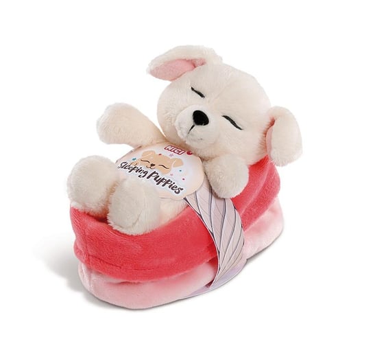 Nici, Maskotka Sleeping Puppies piesek 12 cm kremowy w czerwono-różowym koszyku 48110 Nici