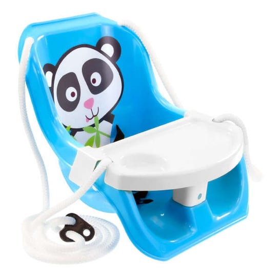 Niebieska huśtawka ze stolikiem Panda dla dzieci do 25 kg Mochtoys