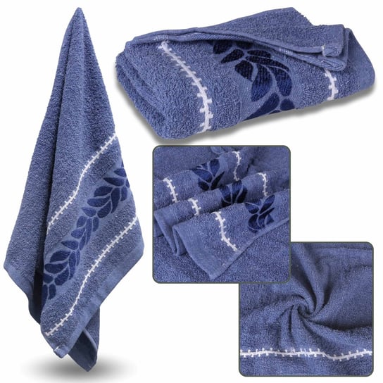 Niebieski ręcznik bawełniany z ozdobnym haftem, liście 48x100 cm x1 RED