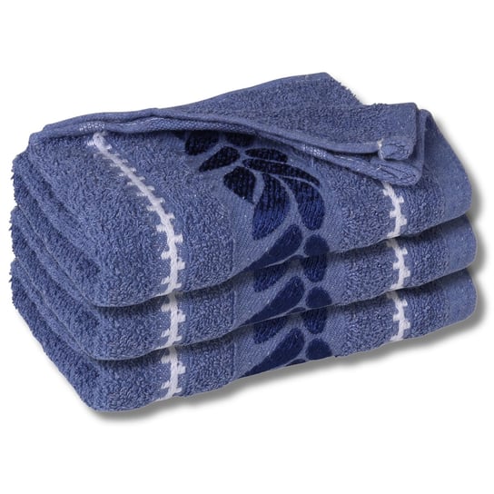 Niebieski ręcznik bawełniany z ozdobnym haftem, liście 48x100 cm x3 RED