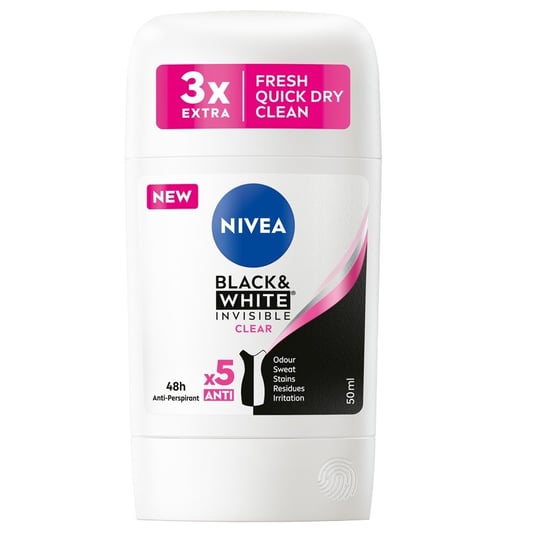 Nivea, Black&White Invisible Clear antyperspirant w sztyfcie 50ml Nivea