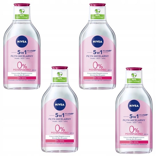 NIVEA MICELLAIR Płyn micelarny do demakijażu oczu ust - cera sucha 400ml x4 Inna marka