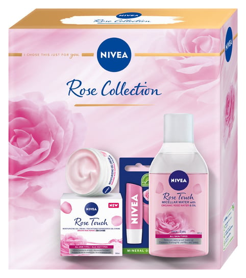 Nivea, Rose Collection zestaw nawilżający żel-krem z organiczną wodą różaną i kwasem hialuronowym 50ml + micelarny płyn dwufazowy z olejkiem 400ml + pielęgnująca pomadka do ust Soft Rose 4.8g Nivea