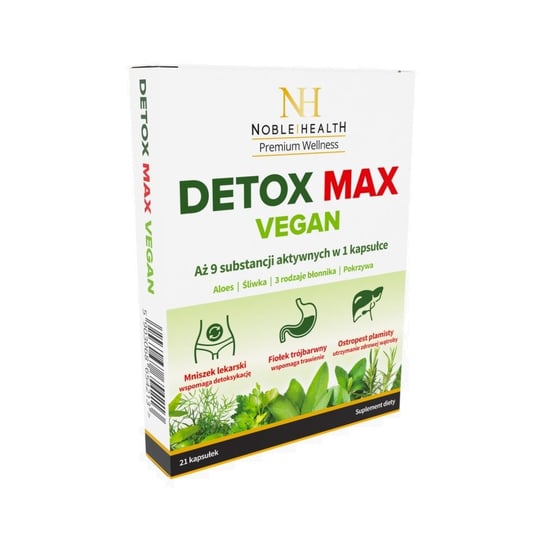 Noble Health Detox max vegan suplement diety wspomagający proces detoksykacji organizmu i prawidłowe funkcjonowanie układu trawiennego 21 kapsułek Noble Health