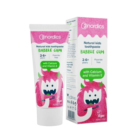 Nordics,Natural Kids Toothpaste pasta bez fluoru dla dzieci 2-6+ lat Guma Balonowa 75ml Nordics