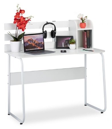 Nowoczesne biurko z tylnym panelem i półką białe RELAXDAYS