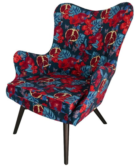 Nowoczesny fotel BERGEN w egzotycznym czerwono-niebieskim wzorze - z owocami granatu POSTERGALERIA