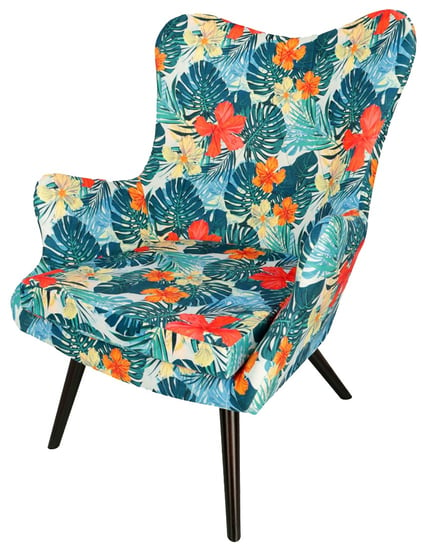 Nowoczesny fotel BERGEN w egzotycznym wzorze - z niebieskimi i pomarańczowymi kwiatami POSTERGALERIA