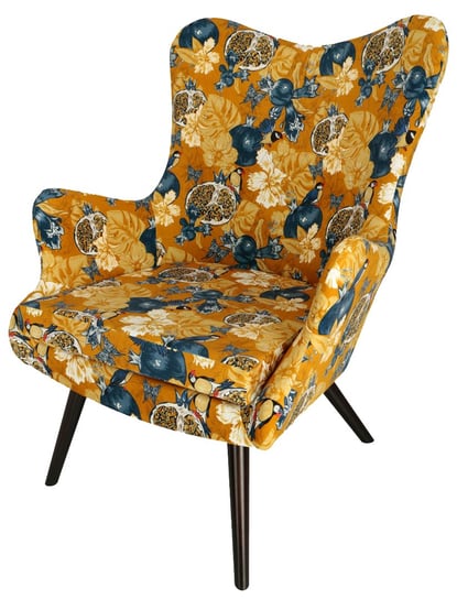 Nowoczesny fotel BERGEN w egzotycznym żółto-niebieskim wzorze - z owocami granatu POSTERGALERIA