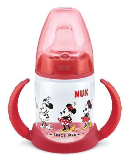 Nuk, Disney Myszka Miki, First Choice, Butelka PP z podwójnym uchwytem, silikonowy ustnik niekapek, Czerwona, 6m+, 150 ml Nuk