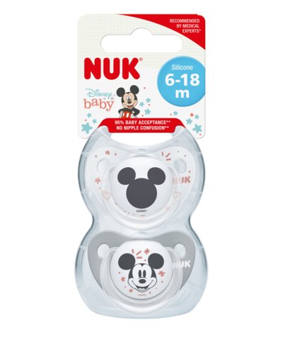 Nuk, Disney Myszka Miki, Smoczek uspokajający z uchwytem, Trendline, silikonowy, Miki,  6-18 m, 2 szt. Nuk