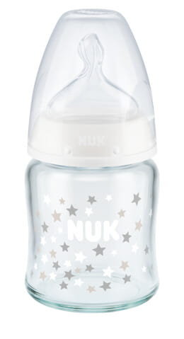 NUK, FC+ Butelka szklana 120 ml ze wskaźnikiem temperatury smoczek silikonowy 0-6m-cy M, biała Nuk