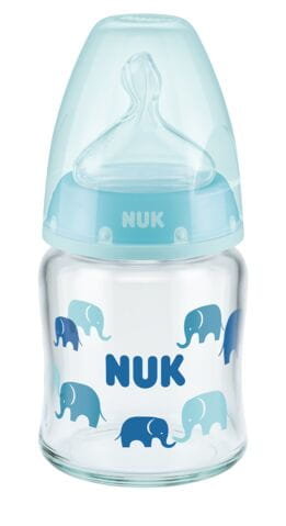 NUK, FC+ Butelka szklana 120 ml ze wskaźnikiem temperatury smoczek silikonowy 0-6m-cy M, niebieska Nuk