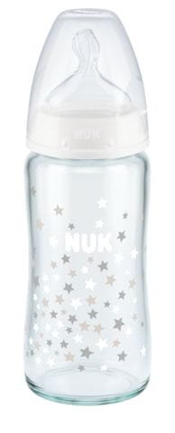 NUK, FC+ Butelka szklana 240 ml ze wskaźnikiem temperatury smoczek silikonowy 0-6m-cy M, biała Nuk
