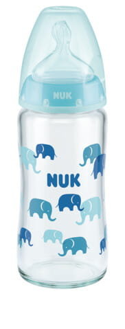 NUK, FC+ Butelka szklana 240 ml ze wskaźnikiem temperatury smoczek silikonowy 0-6m-cy M, niebieska Nuk
