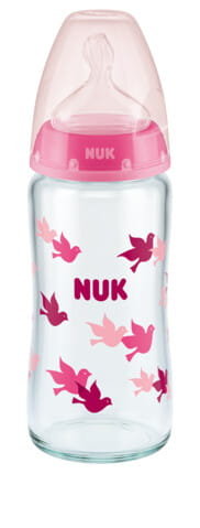 NUK, FC+ Butelka szklana 240 ml ze wskaźnikiem temperatury smoczek silikonowy 0-6m-cy M, różowa Nuk
