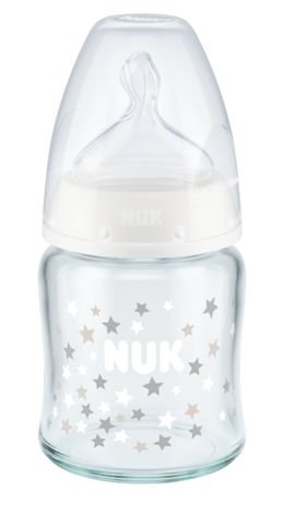 Nuk, FC+, Butelka szklana do mleka, silikon, Biała, 0-6 m, rozmiar M, 120 ml Nuk