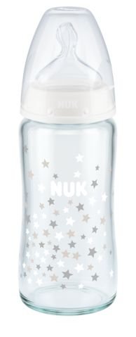 Nuk, FC+, Butelka szklana do mleka, silikon, Biała, 0-6 m, rozmiar M, 240 ml Nuk