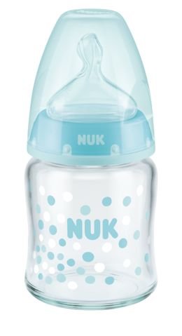 Nuk, FC+, Butelka szklana do mleka, silikon, Niebieska, 0-6 m, rozmiar M, 120 ml Nuk