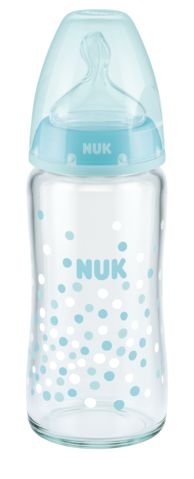 Nuk, FC+, Butelka szklana do mleka, silikon, Niebieska, 0-6 m, rozmiar M , 240 ml Nuk